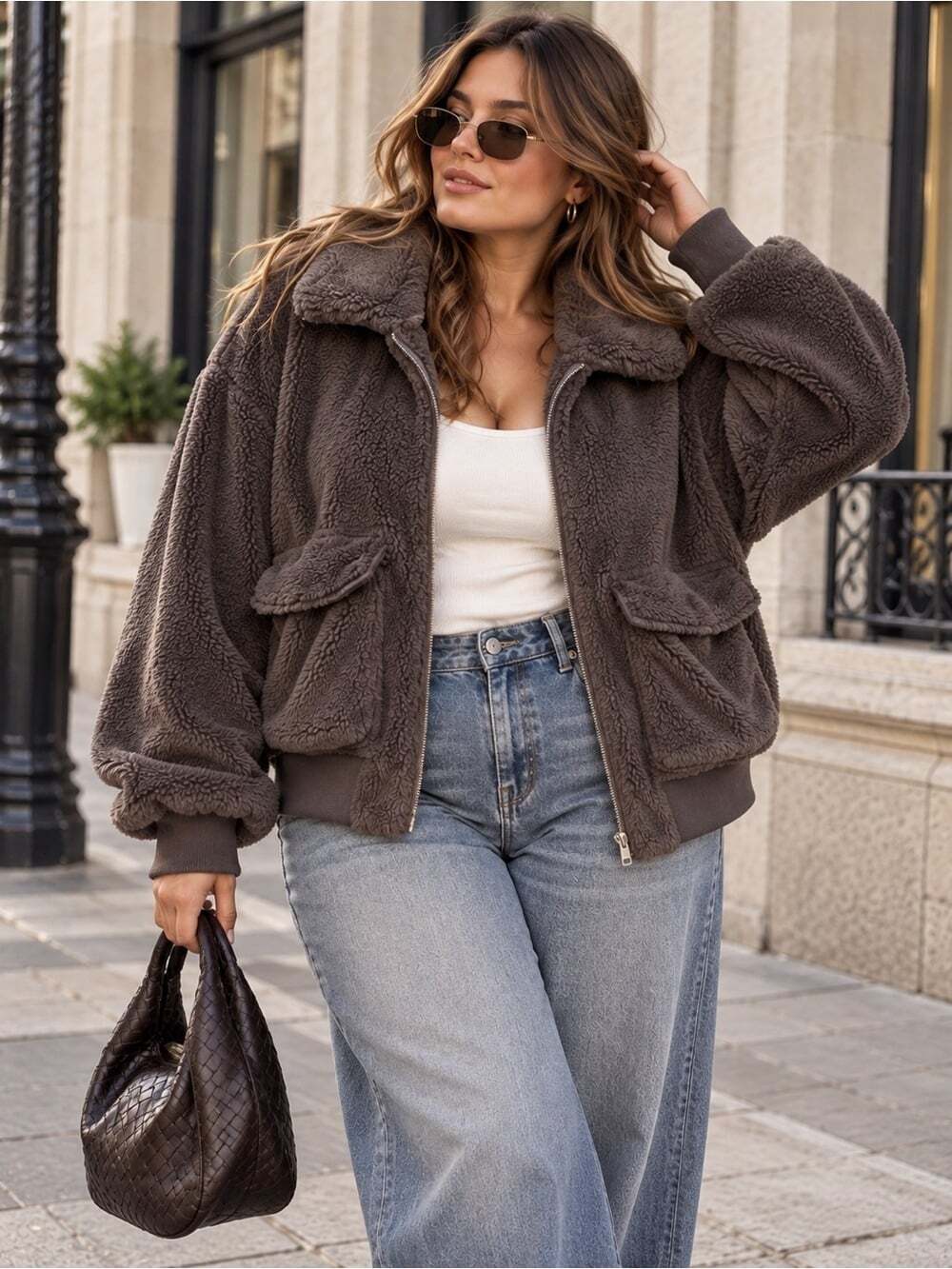 Gap Sherpa Teddy Jacket Taupe Brown XXL Oversized Cozy Fleece Bomber Utility